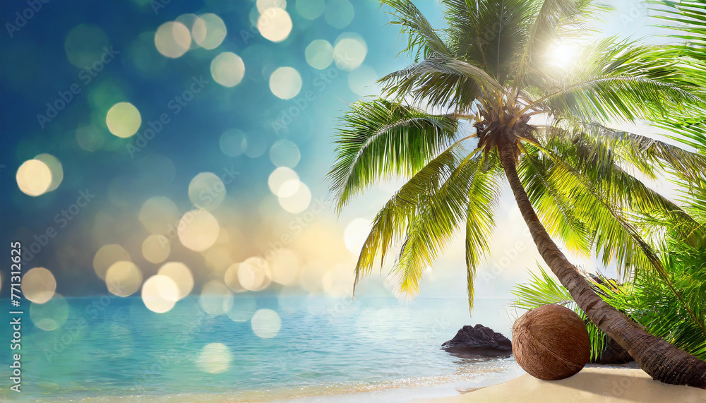 Tropical summer banner design of coconut tree with bokeh