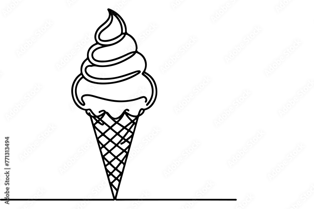 Continuous one black line drawing of ice cream icon outline doodle summer concept vector illustration on white background