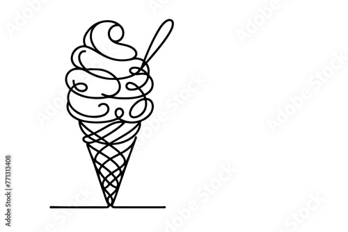 Continuous one black line drawing of ice cream icon outline doodle summer concept vector illustration on white background