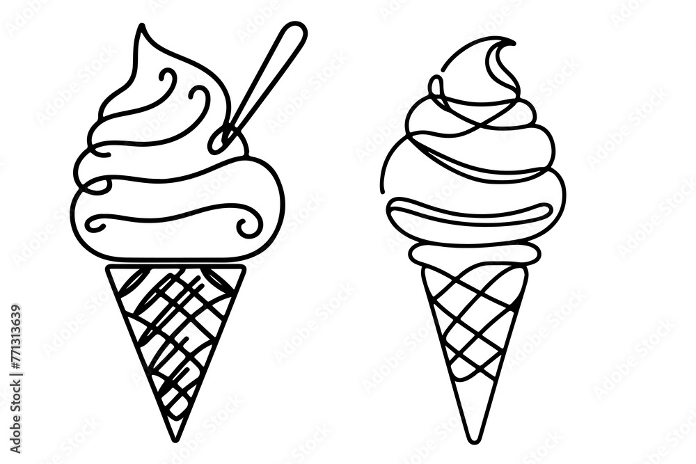 Continuous one black line drawing of ice cream icon outline doodle summer concept vector illustration on white background
