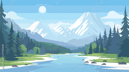 Mountain river plains and trees blue sky Flat vector