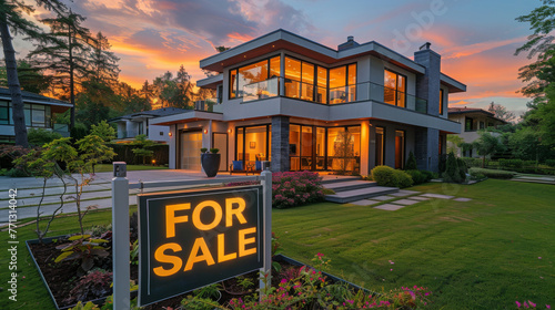 Luxurious modern home for sale, illuminated by a vibrant sunset sky.