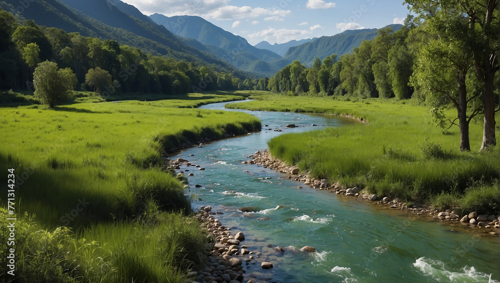 A river flowing through a green valley with mountains in the distance

