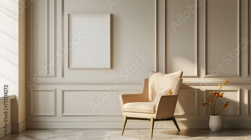 Classic armchair near paneling wall with empty poster frame with copy space. Home interior design of mid century living room.
