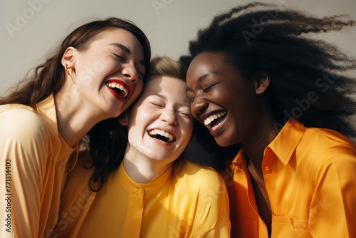 three women laugh together on a background white photo