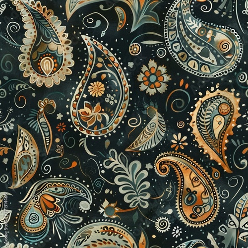 Bohemian Paisley seamless pattern with rich textures and earthy tones for a boho chic look. Seamless Pattern, Fabric Pattern, Tumbler wrap, Mug Wrap.