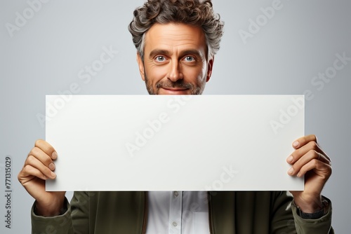 Portrait of a man holding a white horizontal sheet of paper with a place for writing and mockup.