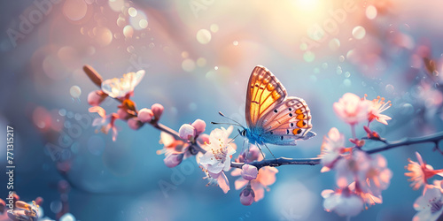 Beautiful blue yellow butterfly in flight and branch of flowering apricot tree in spring at Sunrise on light blue and violet background macro.. generative ai  photo