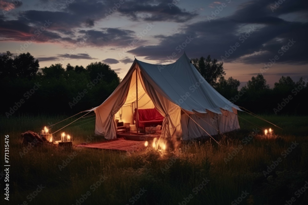 the rustic camper tent with candle lit in summer evening the rustic camper tent with candle lit in summer evening