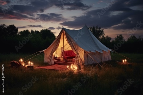 the rustic camper tent with candle lit in summer evening