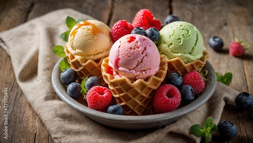 A vibrant assortment of creamy, pastel-colored ice cream flavors, each nestled in a crispy waffle cone and topped with a medley of fresh berries and fruits.