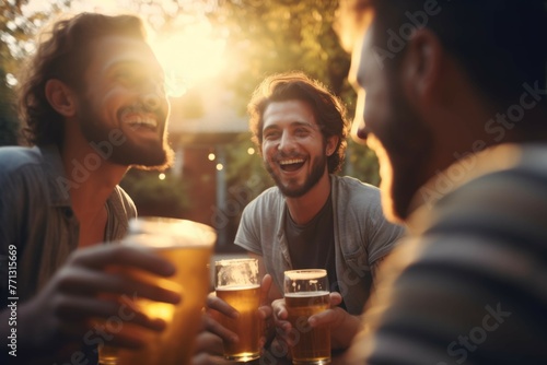 a group of male friends drinking beer together outdoors with drink glasses photo