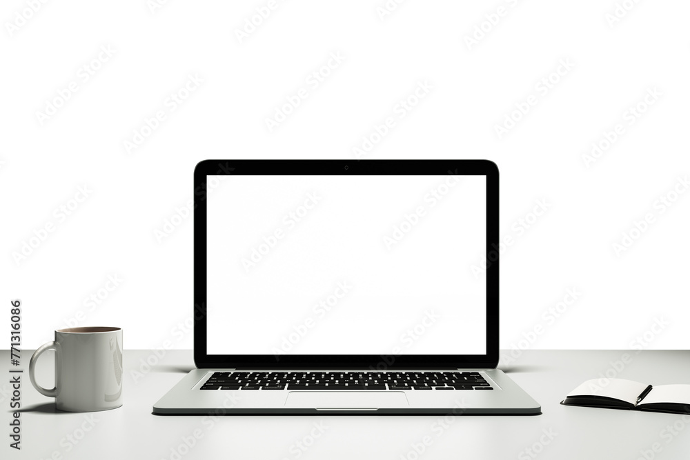 A laptop with a blank screen next to a coffee mug and an open notebook on a white desk and background, conveying a concept of a workspace A laptop with a blank screen next to a coffee mug and an open notebook on a white desk and background, conveying a concept of a workspace