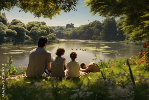 Family picnic in the park with a river in the background.