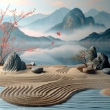 Tranquil Zen Garden with Mountain Lake and Blossoming Sakura Tree