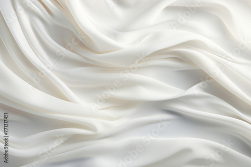 Closeup of rippled white satin fabric cloth texture background