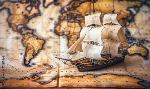 Old sailing ship model on world map , exploration and explorer concept image, Generative AI