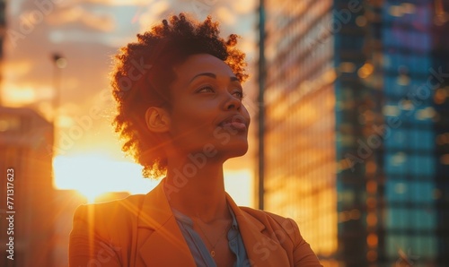 Happy wealthy rich successful black businesswoman standing in big city modern skyscrapers street on sunset thinking of successful vision, dreaming of new investment, Generative AI