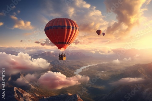 Group of people having a hot air balloon ride over a scenic landscape.