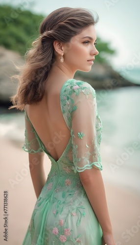 Beautiful lady at the beach in a light pink and mint green luxury dress 