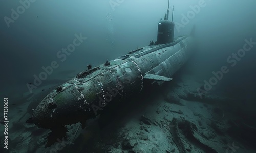 Military submarine diving underwater, Generative AI
