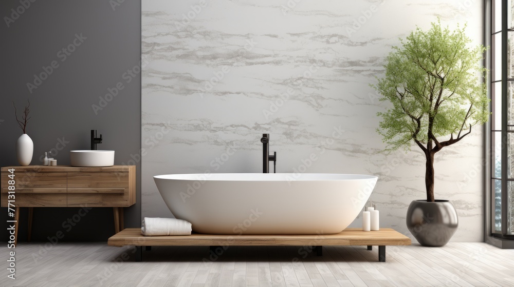 Fototapeta premium Modern bathroom interior with bathtub, large windows and marble walls