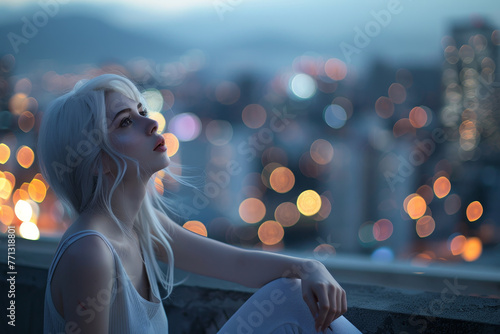 A beautiful albino woman in a light, jersey dress, sitting on a rooftop overlooking the city. 