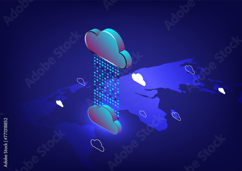Cloud computing technology concept. Abstract 3d isometric vector illustration. Web cloud technology business with cloud in world map. Internet data services and big data storage. 
