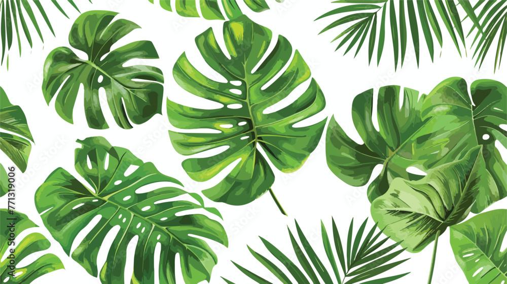 Seamless background with tropical leaves Flat vector