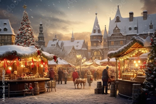 Winter wonderland Christmas market with handmade gifts and decorations.