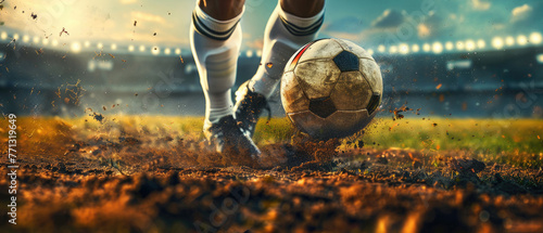 A soccer player kicks a ball on a field by AI generated image