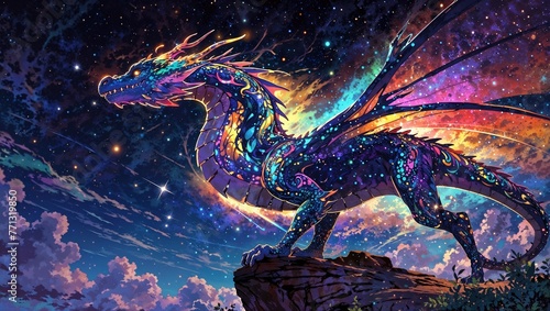 In a whimsically whimsical manner, imagine a quirky dragon inspired by the celestial realms, with shimmering celestial patterns covering its scales and glowing constellations in its eyes. photo
