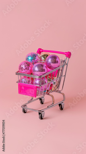 A small pink shopping cart with disco balls inside, on a light pink background, with a minimalistic