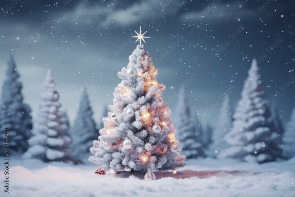 Christmas tree with white decorations and winter landscape