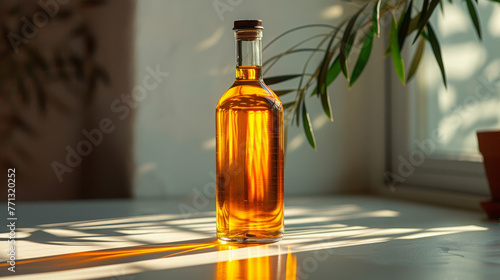Sunlit Olive Oil Glass Bottle Greenery Window Serene Ambiance