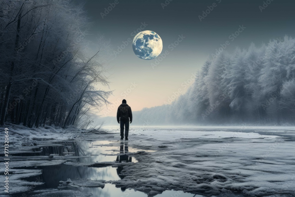 Winter night on a frozen lake under the full moon. Winter night on a frozen lake under the full moon.