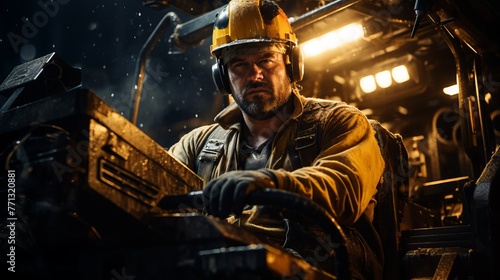 A male miner wearing a hard hat and protective gear operates heavy machinery in a mine.