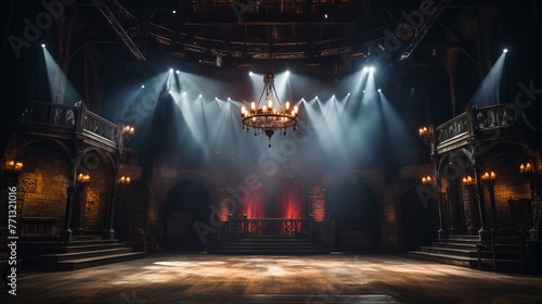 An empty theater stage with a chandelier