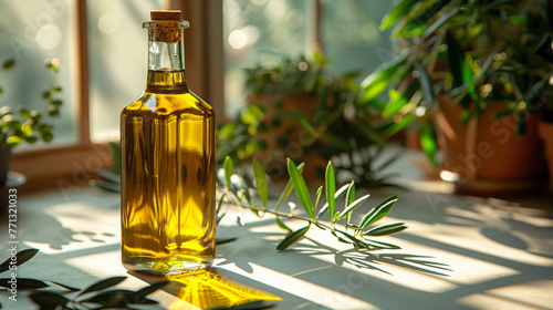 Illuminated Olive Oil Bottle On Window Sill