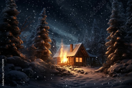 Cozy cabin in the woods with a warm fire burning in the fireplace, surrounded by snow-covered trees and a starry night sky.