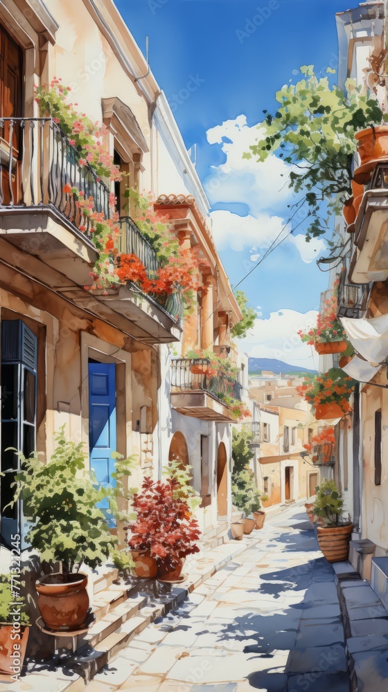 A narrow street with colorful houses and flowers A narrow street with colorful houses and flowers