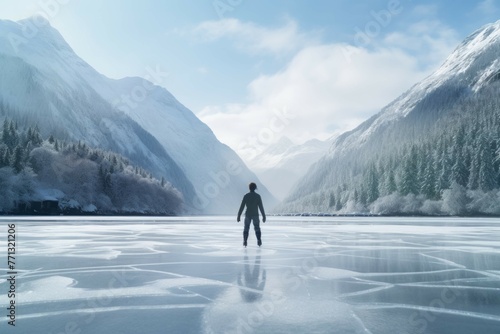 Ice skating on frozen lake surrounded by mountains.