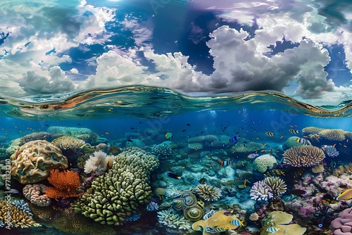 : A stunning underwater panoramic landscape filled with magnificent coral formations and tropical fish