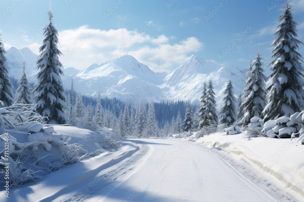 Fototapeta premium A snow-covered road winding through a winter landscape.