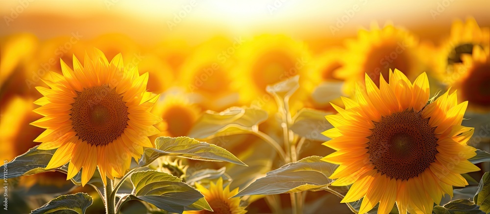 Vibrant sunflowers in a rural field are beautifully illuminated by the bright sun shining overhead