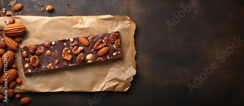 Chocolate bar filled with nuts and chocolate displayed on a sheet of parchment paper photo