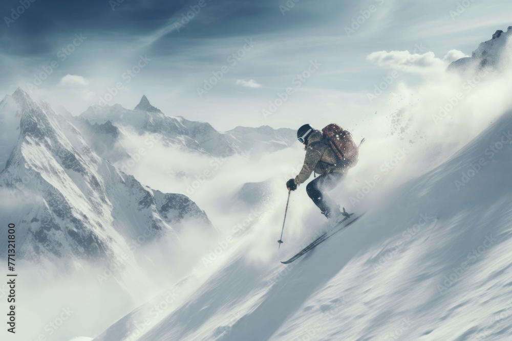 Skiing down a snowy mountain with mist and clouds. Skiing down a snowy mountain with mist and clouds.