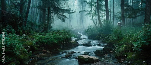 A forest with a stream running through it by AI generated image