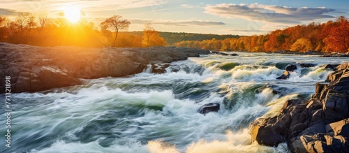 Close-up view of rapids in the Potomac River at sunset with trees in the background at Great Falls Park Virginia