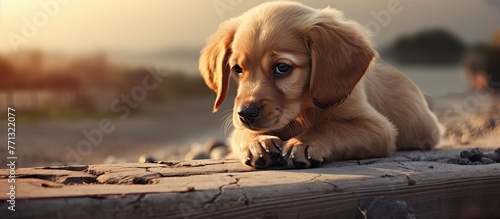 A cute puppy is lying on a ...